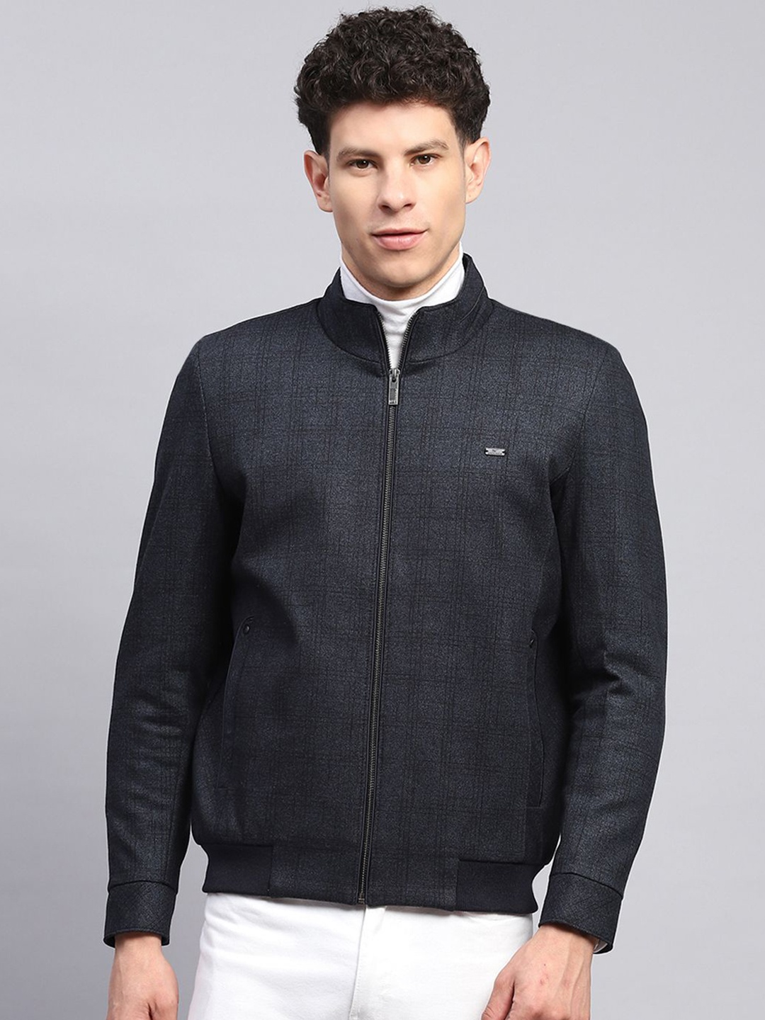 

Monte Carlo Men Mock Collar Checked Casual Bomber Jacket, Navy blue
