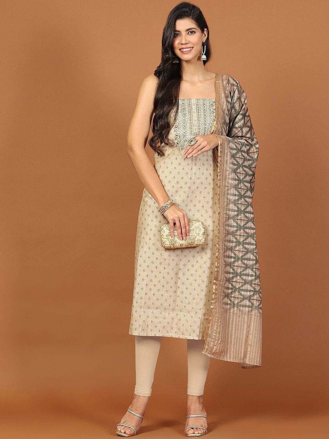 

Meena Bazaar Floral Art Silk Unstitched Dress Material, Beige