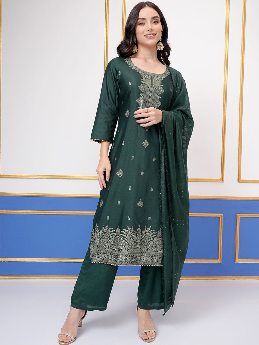 

Vishudh Ethnic Motifs Woven Design Regular Straight Kurta With Trouser With Dupatta, Green