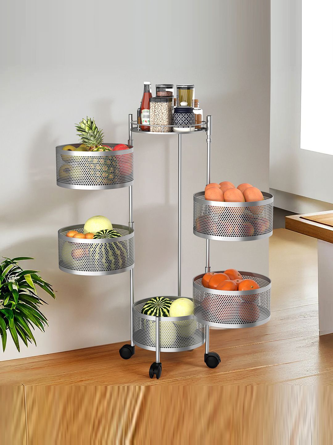 

Kuber Industries Silver Toned Textured 5-Tier Rotating Multi-Utility Organiser