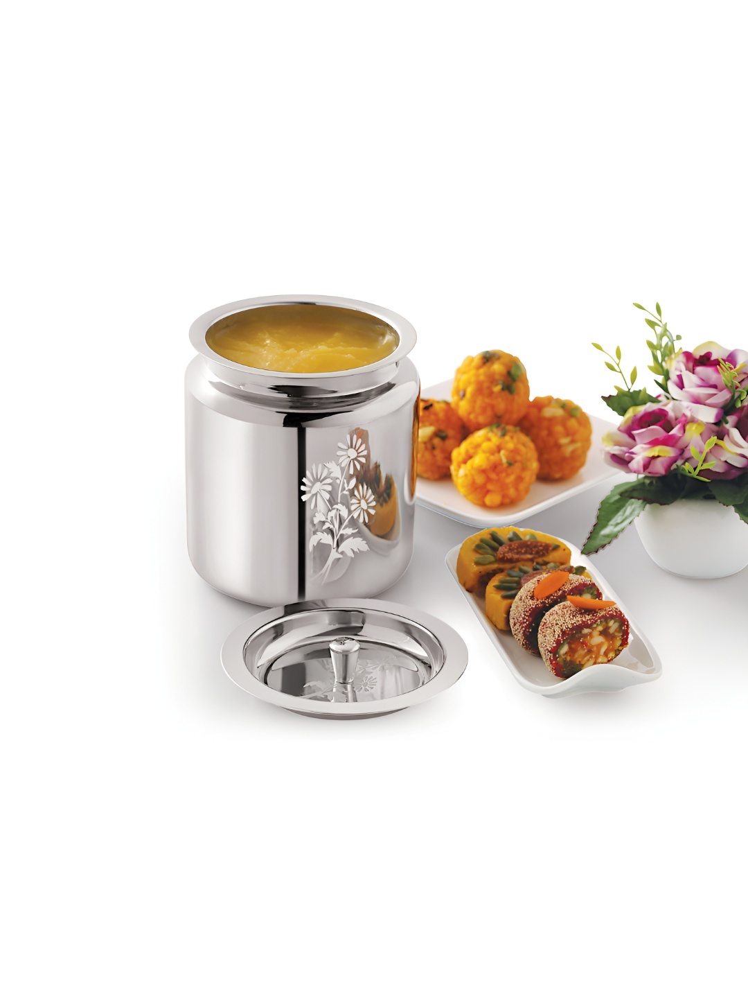 

MUKTI Silver-Toned Stainless Steel Dishwasher Safe Canister Container 1L