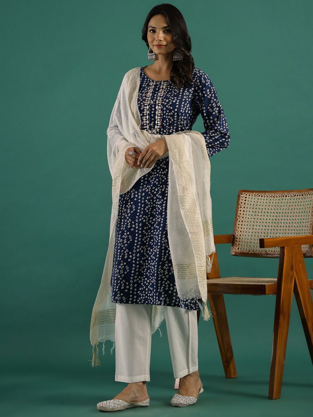 

RangDeep Bandhani Printed Gotta Patti Pure Cotton Straight Kurta with Trousers & Dupatta, Blue