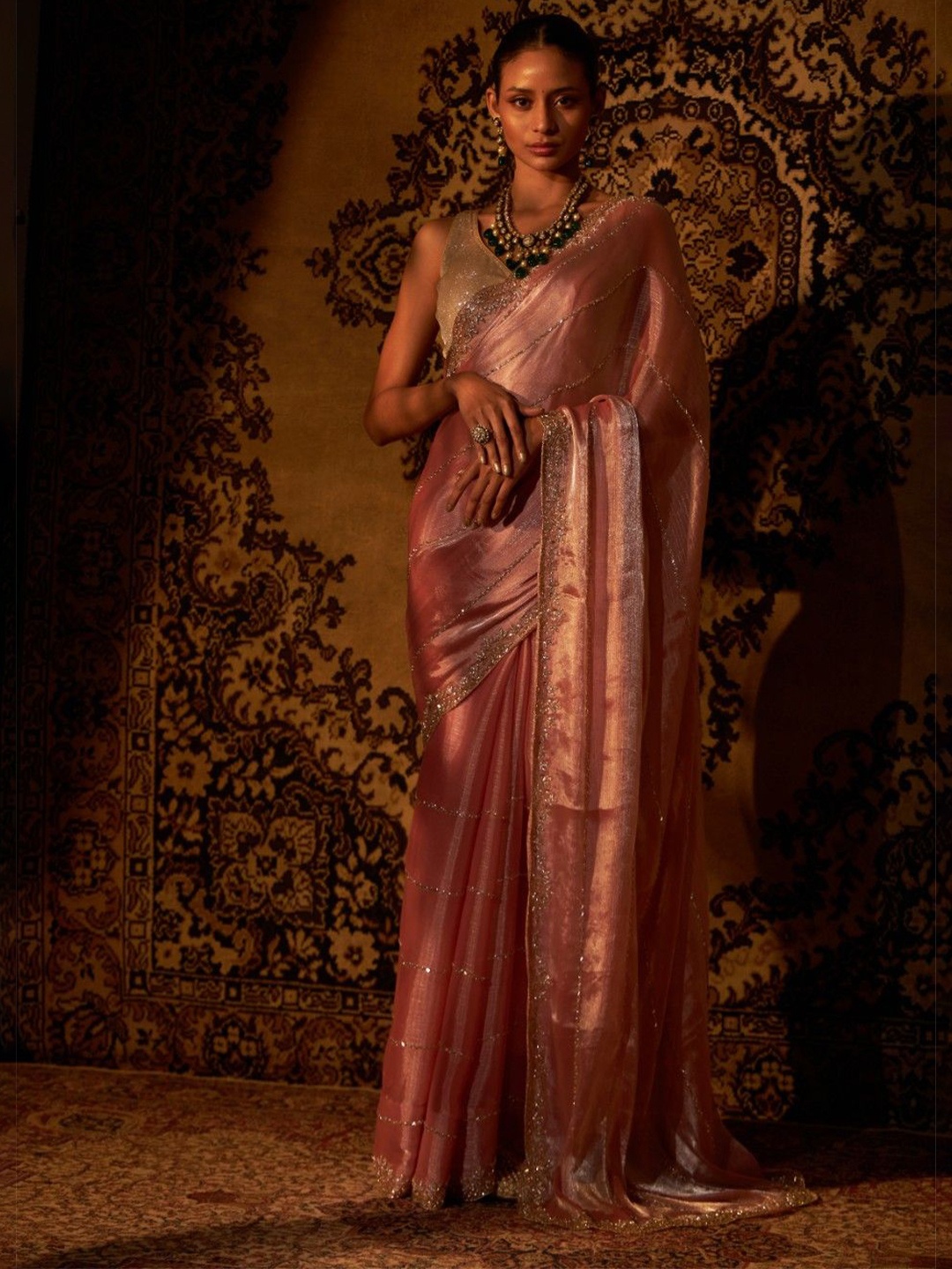 

Sabaahat Striped Embellished Beads and Stones Saree, Pink