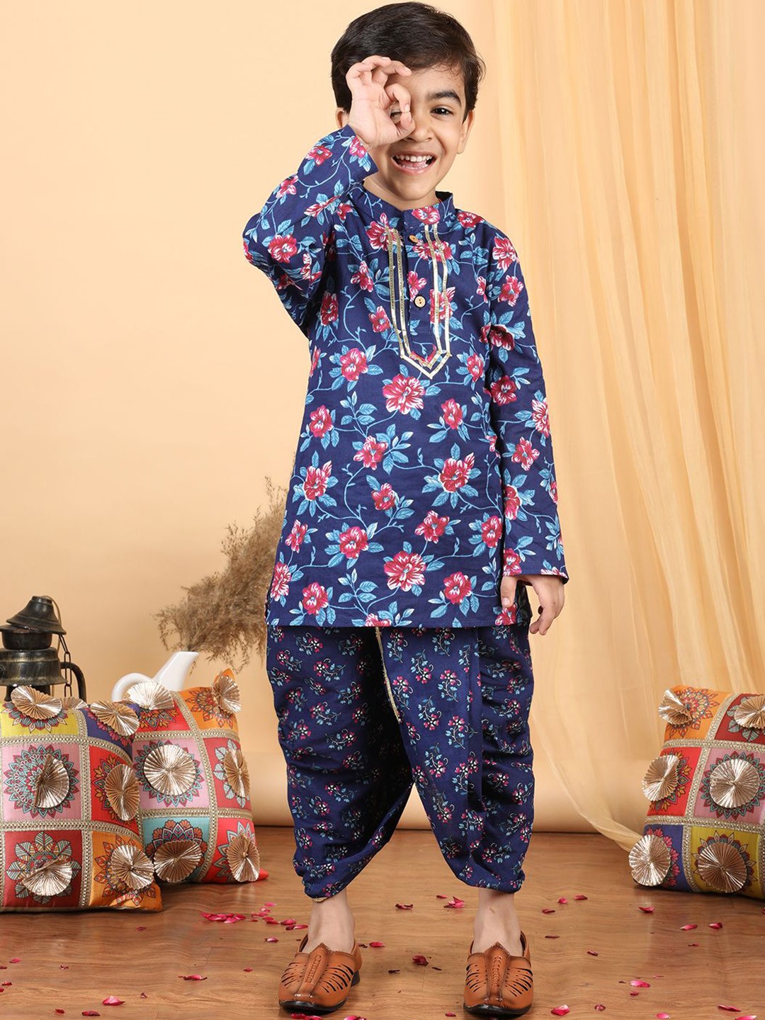 

kidcetra Boys Floral Printed Pure Cotton Kurta with Dhoti Pant, Blue