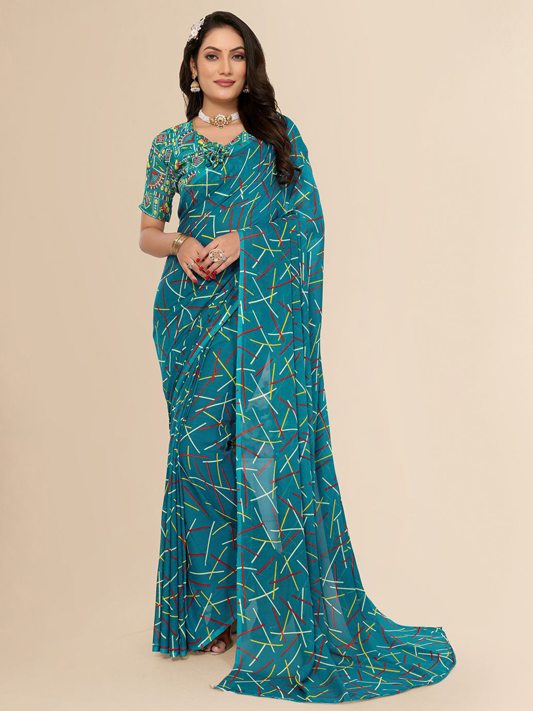

Moda Rapido Striped Poly Georgette Saree, Blue