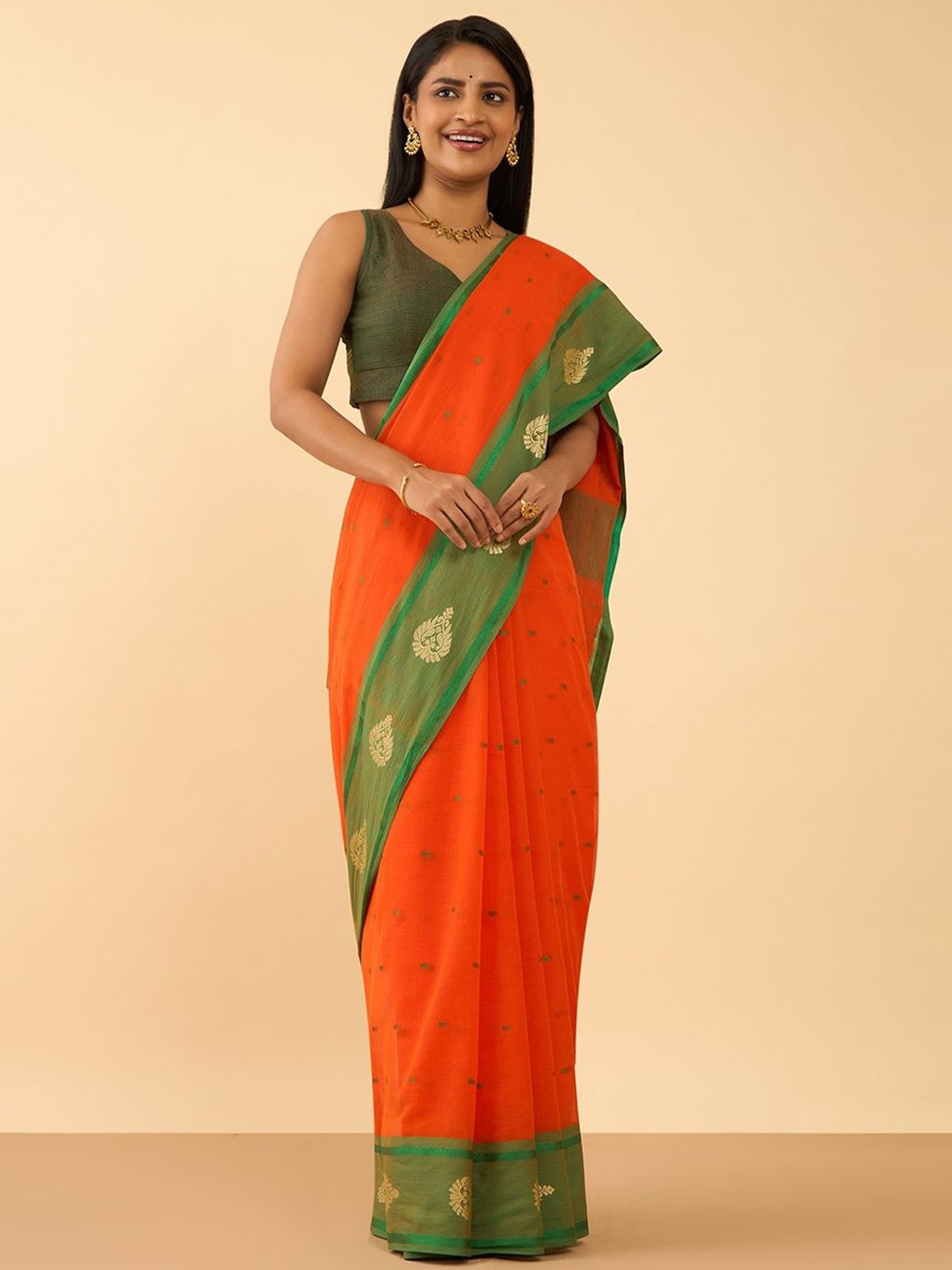 

Taneira Woven Design Pure Cotton Saree, Orange