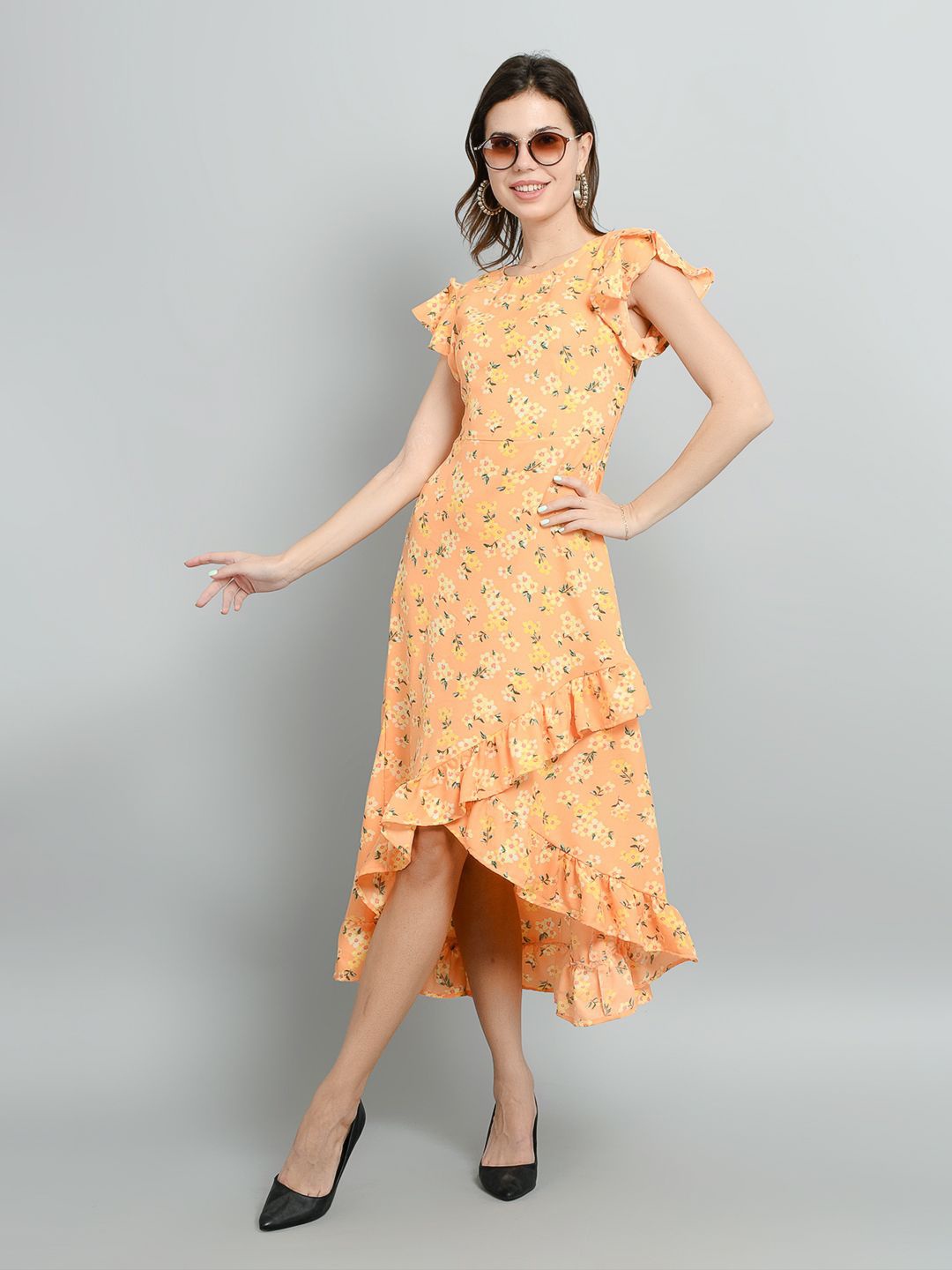 

Parona Women Floral Printed Ruffle High-Low Hemline A-Line Dress, Yellow