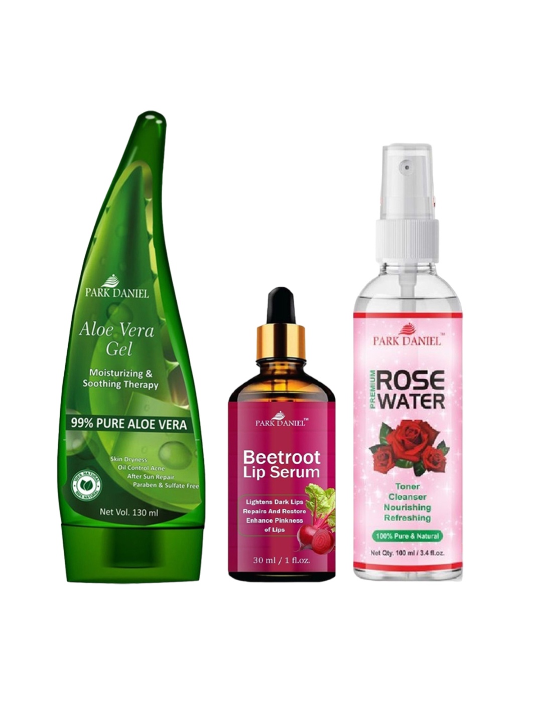 

Park Daniel Set Of 3 Aloe Vera Gel-130 ml With Rose Water -100 ml & Lip Serum - 30 ml, Green