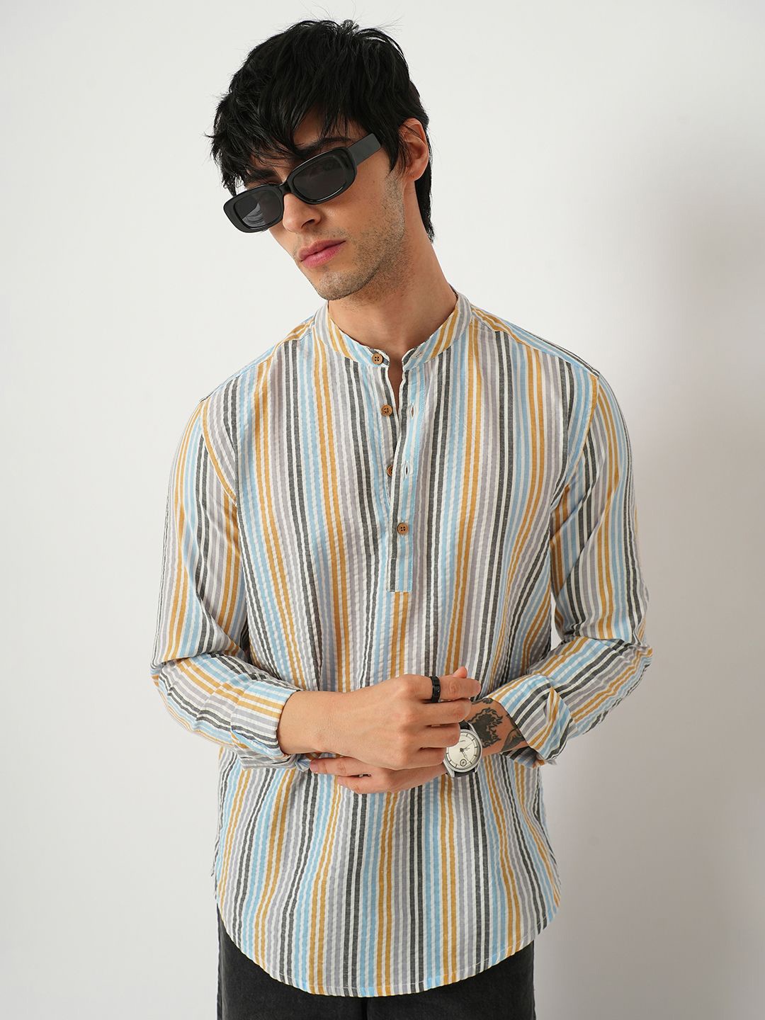 

VASTRADO Striped Mandarin Collar Cotton Straight Kurta, Blue