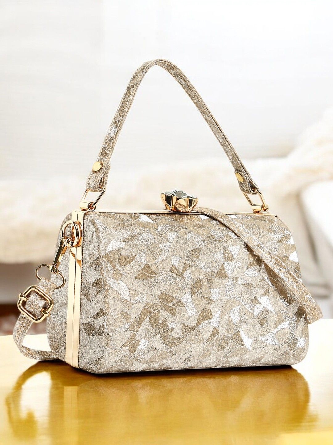 

Exotic Textured Buckle Detail Box Clutch, Gold
