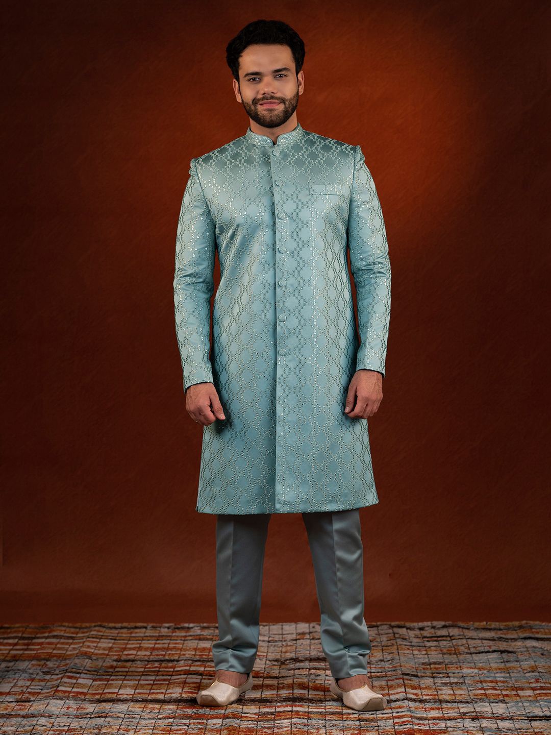 

TheEthnic.Co Embroidered Sherwani Set, Teal