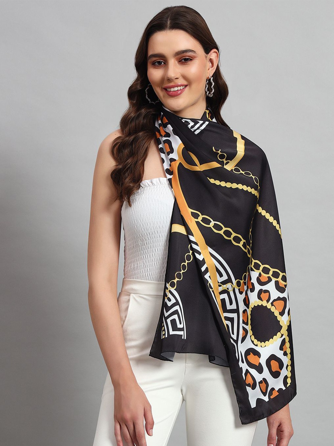 

Ravaiyaa Women Printed Satin Scarf, Black