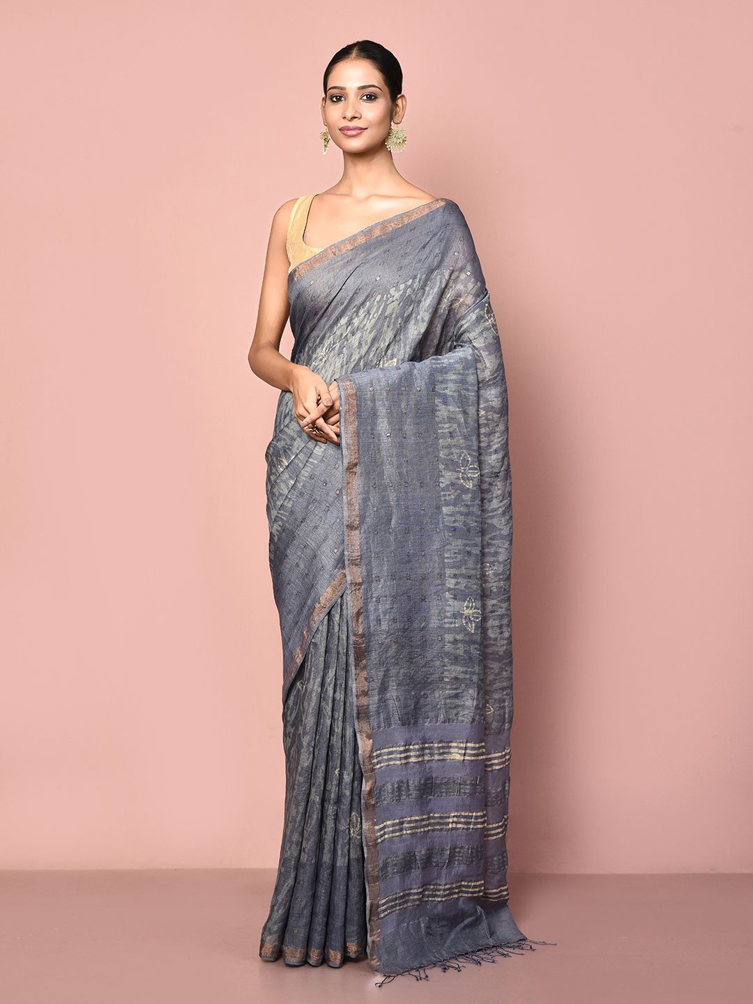 

Nazaakat by Samara Singh Zari Pure Linen Saree, Blue