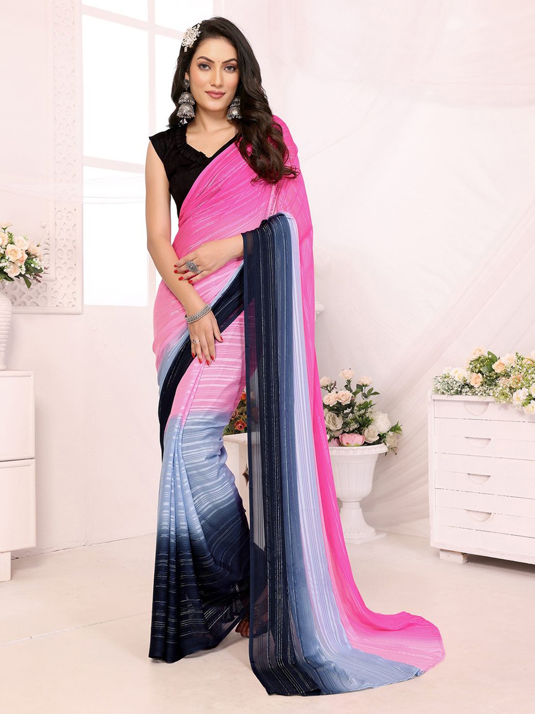 

Moda Rapido Striped Satin Saree, Pink