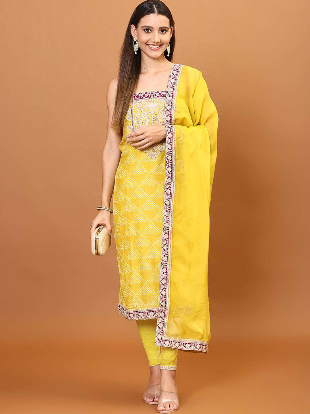 

Meena Bazaar Bandhani Printed Thread Work Art Silk Unstitched Dress Material, Yellow