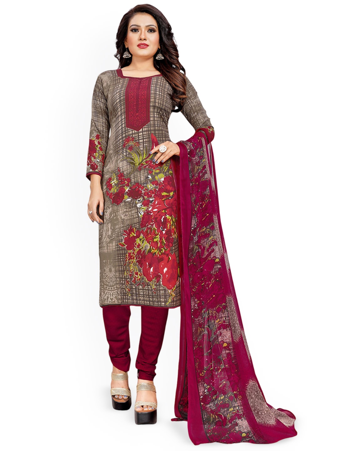 

Maroosh Floral Printed Unstitched Dress Material, Grey