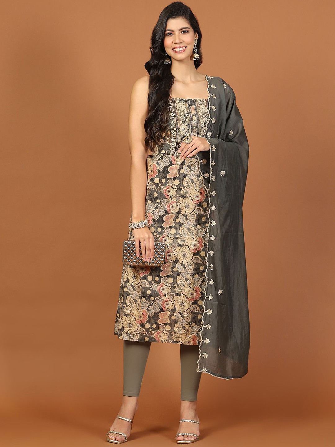 

Meena Bazaar Floral Printed Sequinned Cotton Unstitched Dress Material, Grey