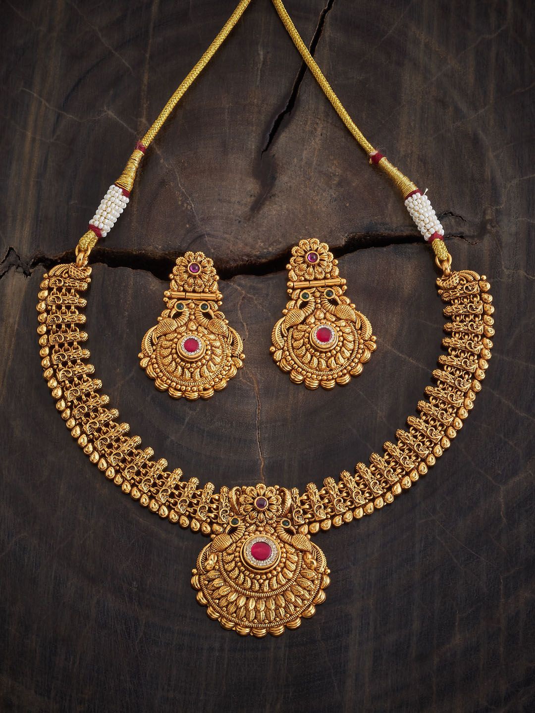 

Kushal's Fashion Jewellery Gold-Plated CZ Stone-Studded Antique Necklace and Earrings