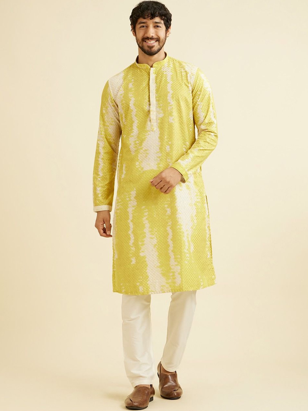 

Manyavar Checked Embroidered Mandarin Collar Straight Kurta With Trousers, Mustard
