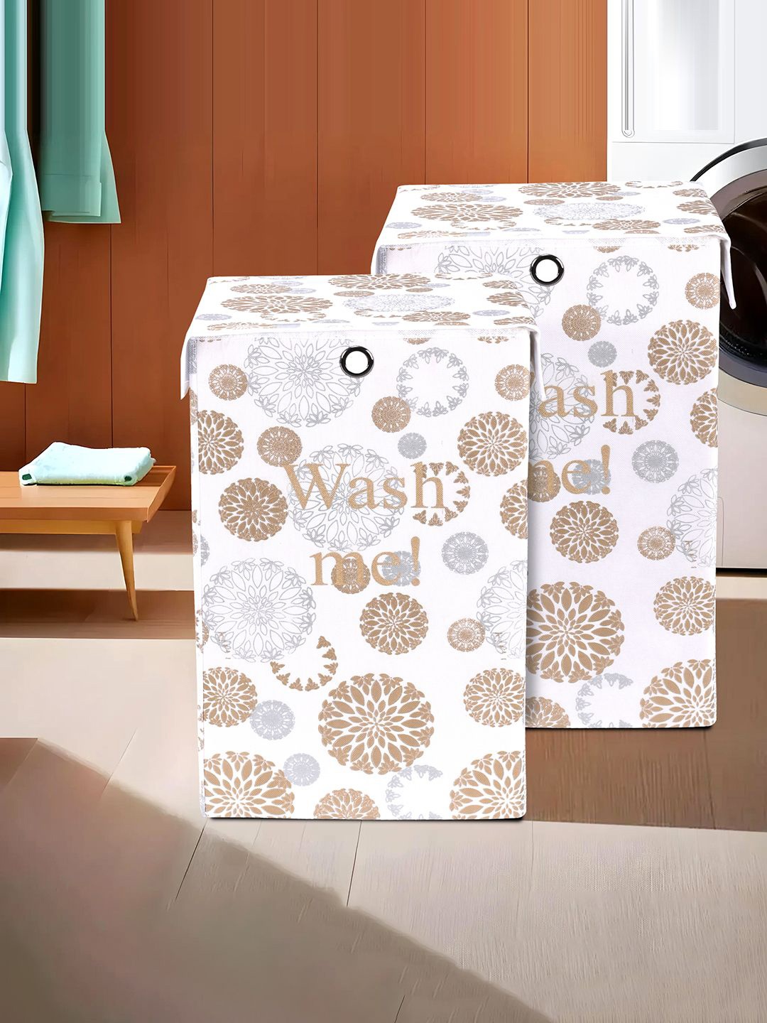 

Kuber Industries 2-Pcs White & Brown Gola Printed Foldable Laundry Bags 75L