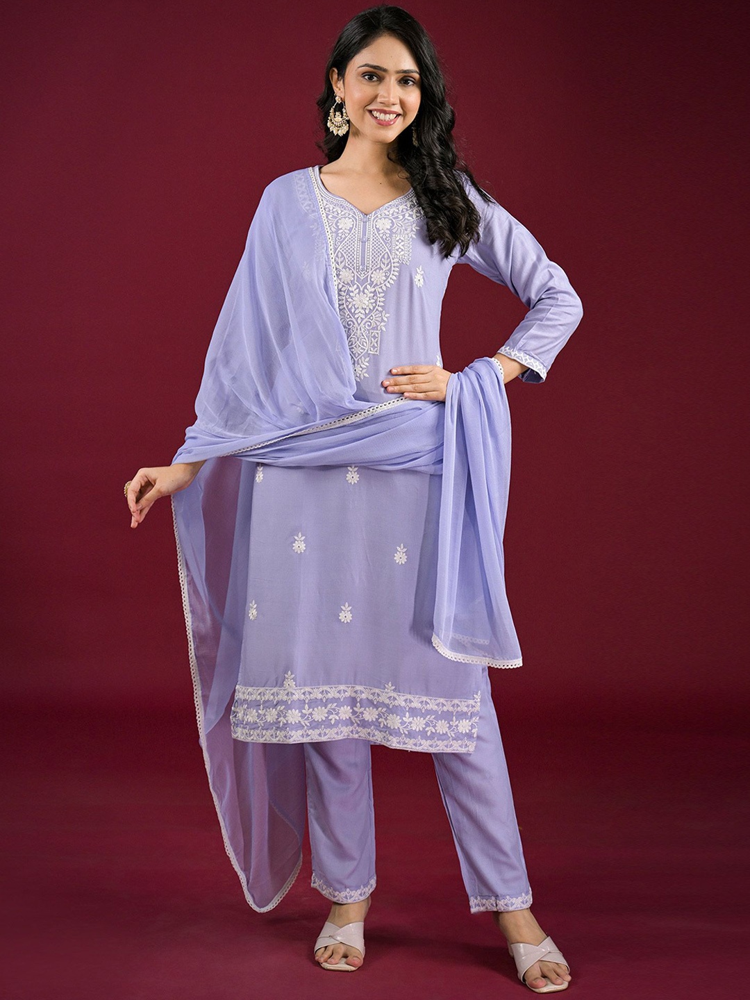 

Peachmode Floral Embroidered Thread Work Straight Kurta with Trousers & Dupatta, Blue