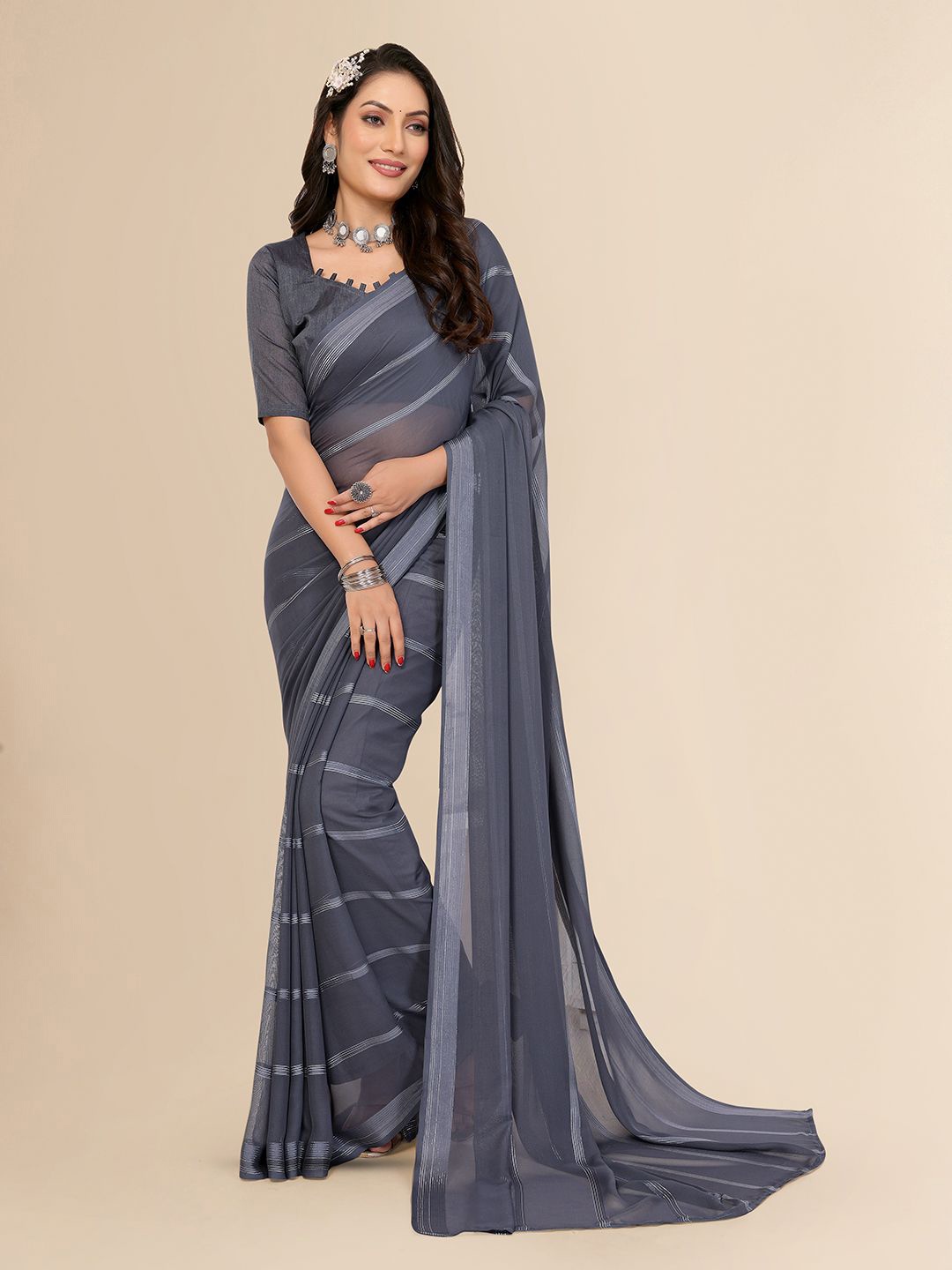 

Moda Rapido Striped Satin Saree, Grey