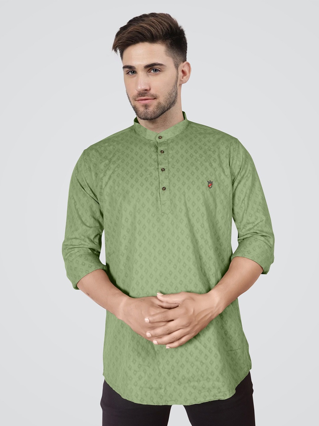 

Jb Just BLACK Men Classic Band Collar Geometric Printed Cotton Casual Shirt, Green