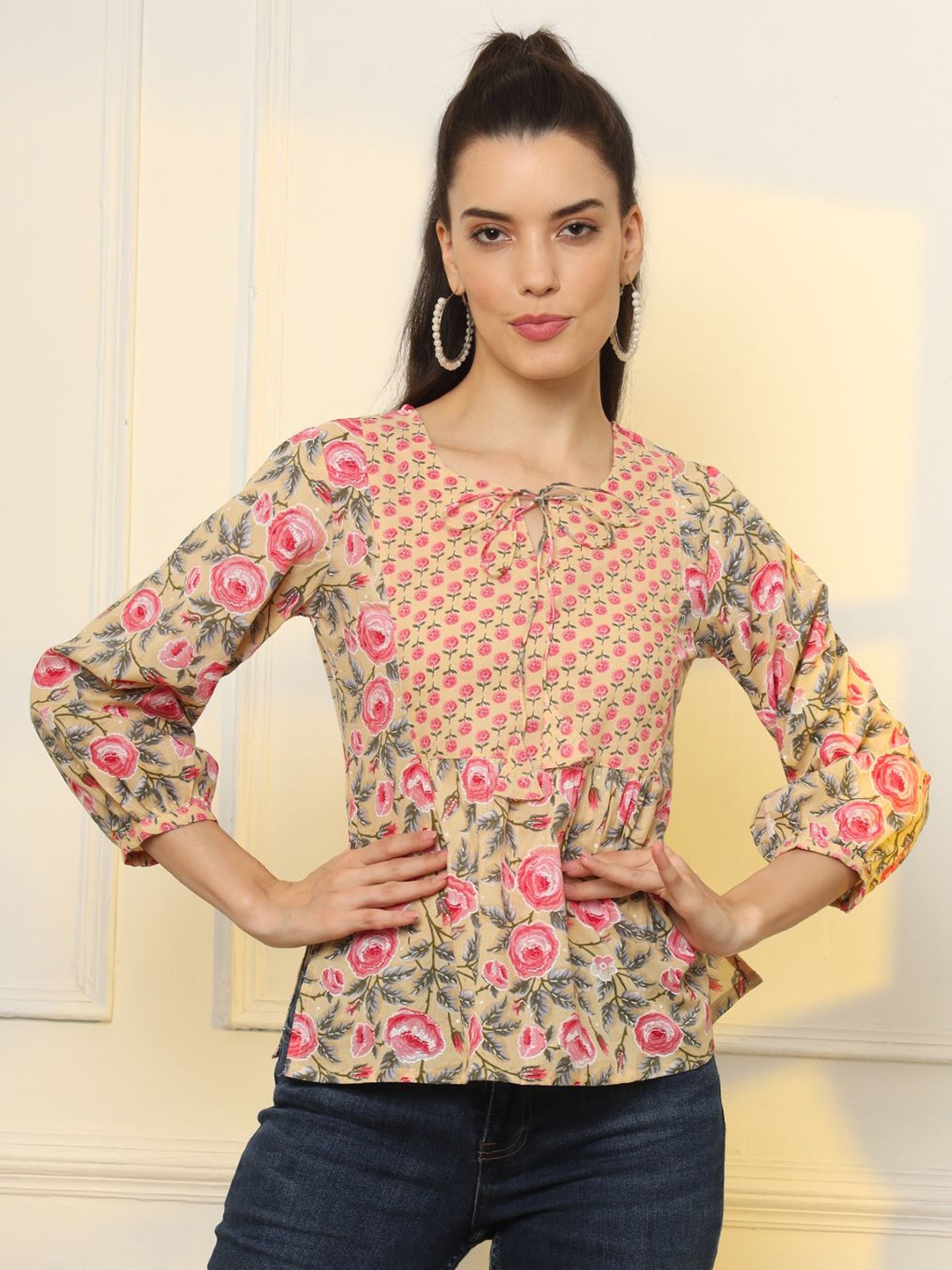 

Yufta Women Floral Printed Bishop Sleeves Pure Cotton Peplum Top, Yellow