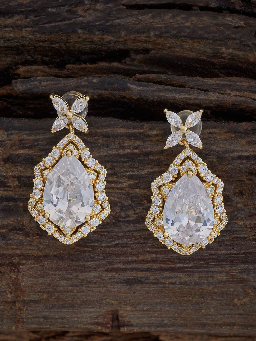 

Kushal's Fashion Jewellery Gold-Plated Teardrop Shaped Cubic Zirconia Drop Earrings