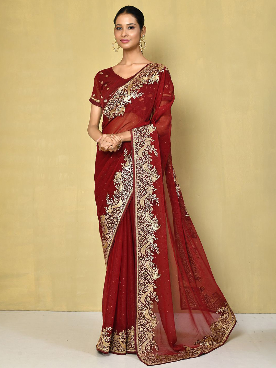

Samyukta Singhania Ethnic Motifs Embroidered Pure Chiffon Saree, Red