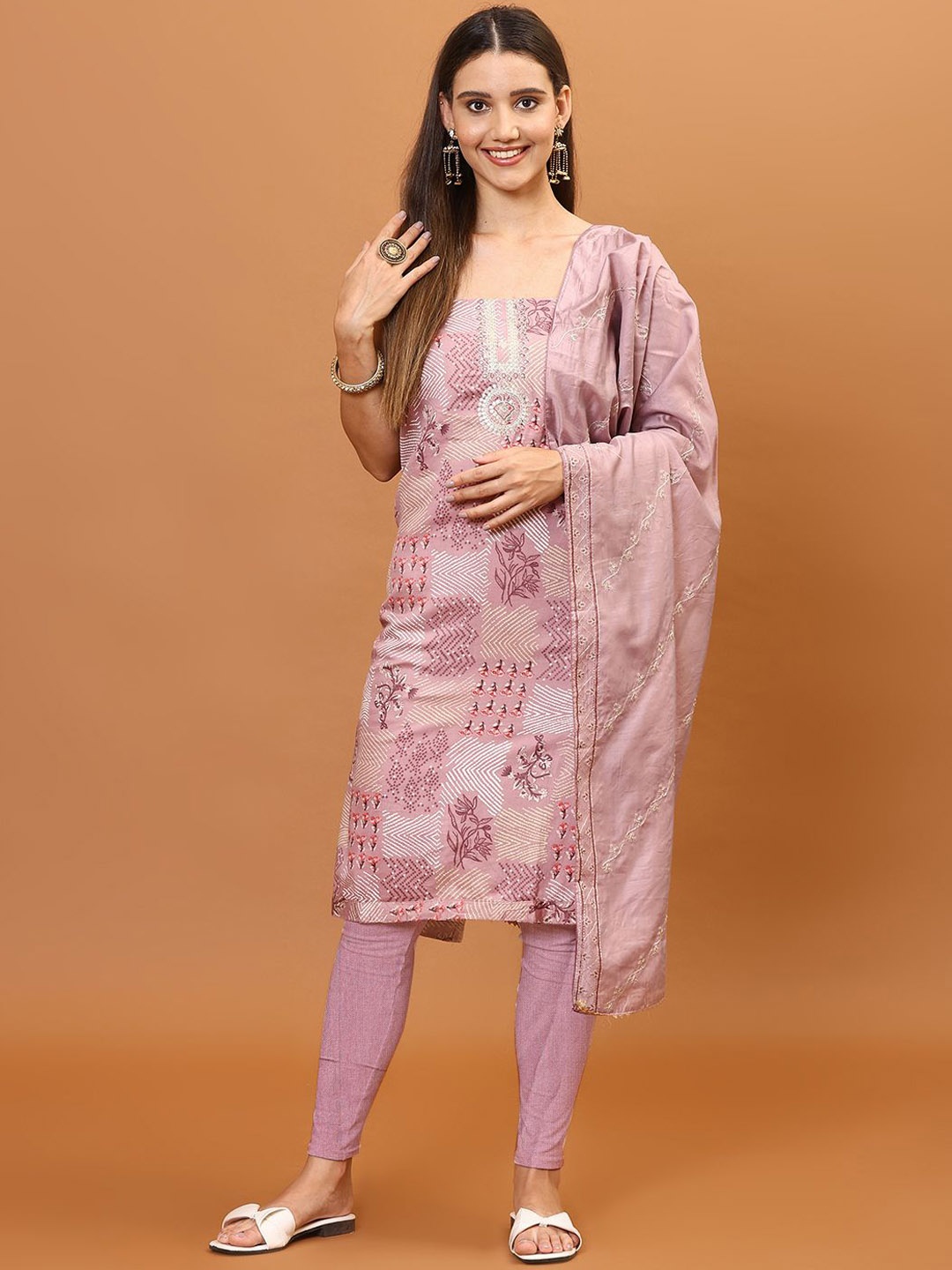 

Meena Bazaar Floral Printed Sequinned Unstitched Dress Material, Purple