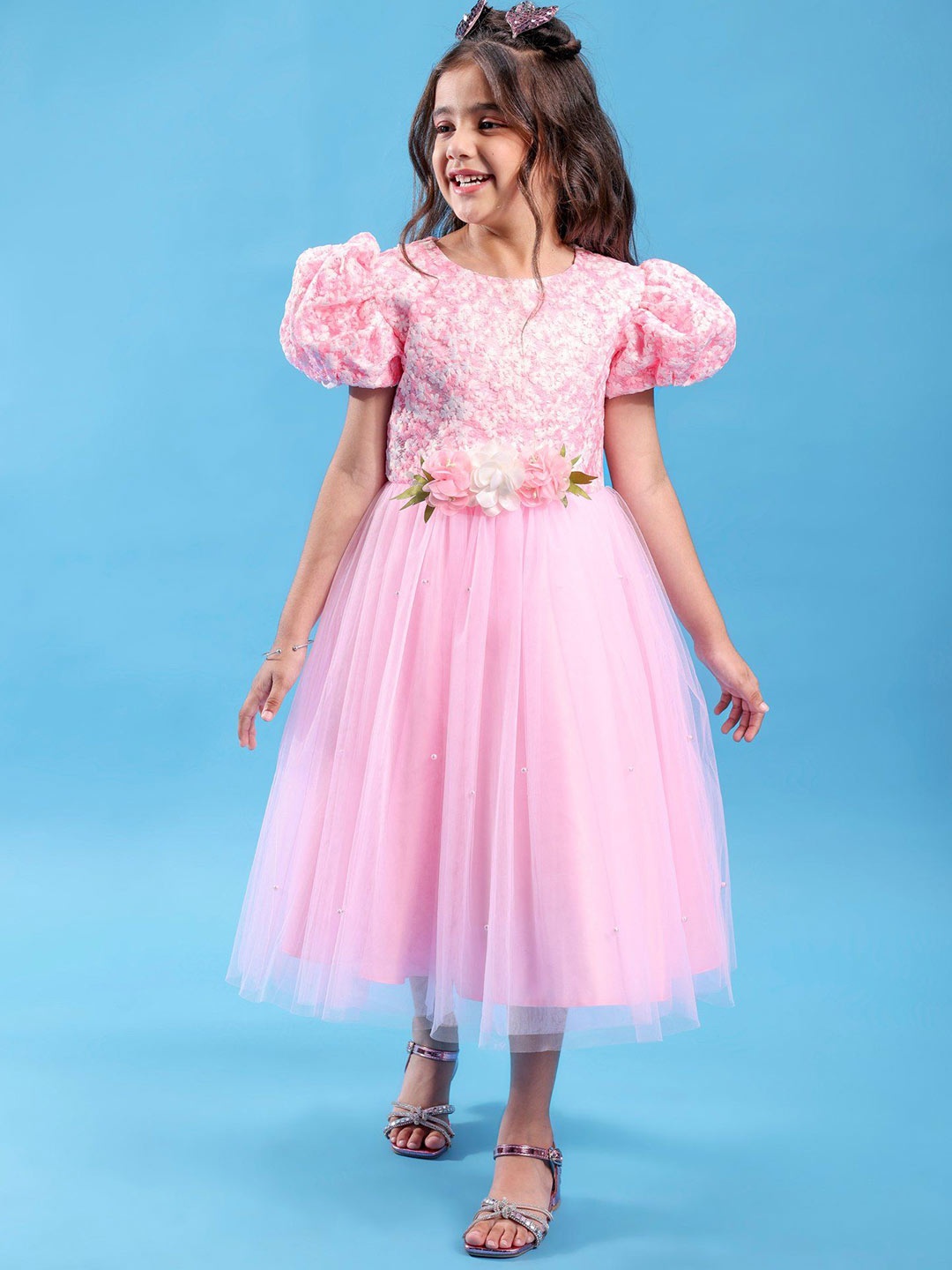 

Mark & Mia Girls Embroidered Puff Sleeves Fit & Flare Midi Dress, Pink