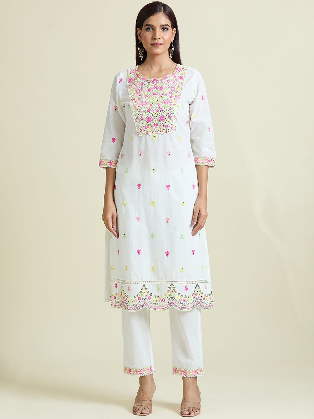 

Adara Khan Floral Embroidered Mirror Work Pure Cotton Kurta with Trouser & Dupatta, Pink
