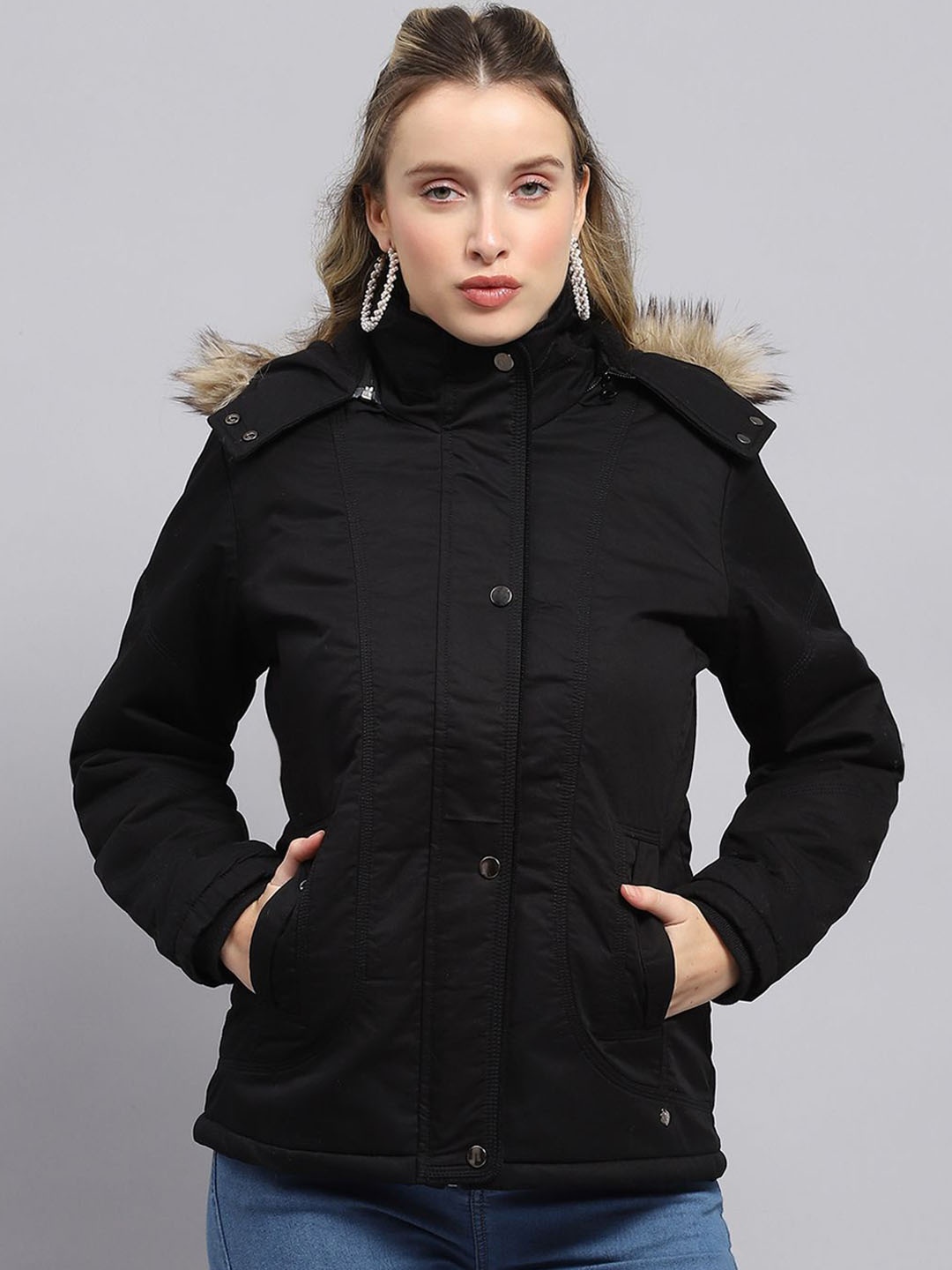 

Monte Carlo Women Hooded Solid Cotton Casual Parka Jacket, Black