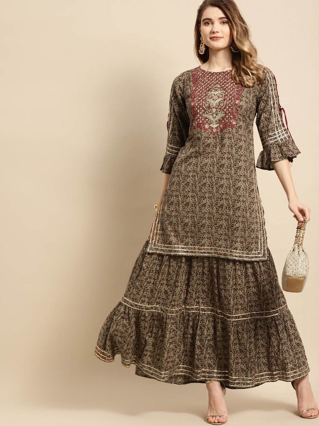 

Anouk Floral Printed Regular Gotta Patti Pure Cotton Straight Kurti with Skirt, Olive
