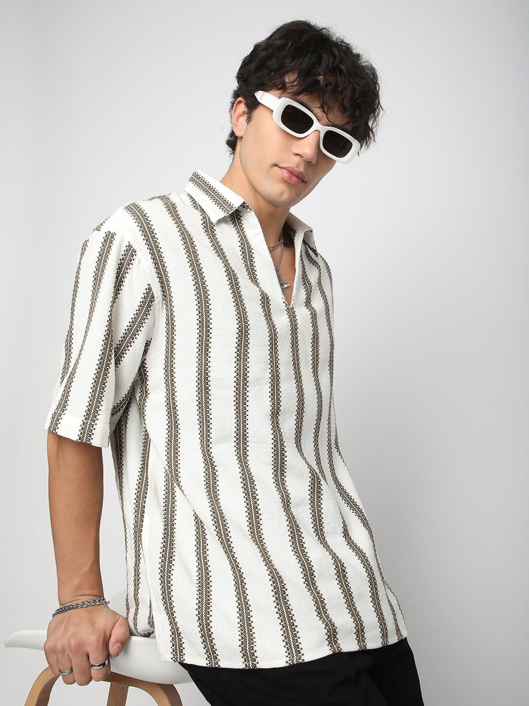 

VASTRADO Men Classic Vertical Stripes Self Design Cotton Oversized Casual Shirt, White