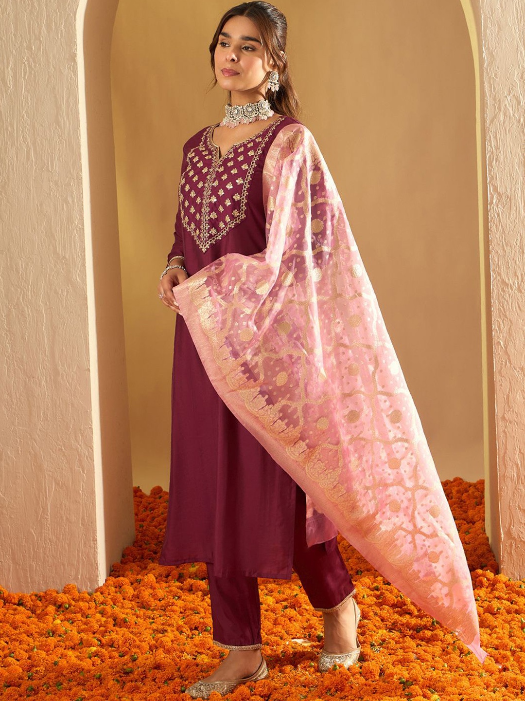 

Indo Era Ethnic Motifs Yoke Design Straight Gotta Patti Liva Kurta with Trousers & Dupatta, Purple