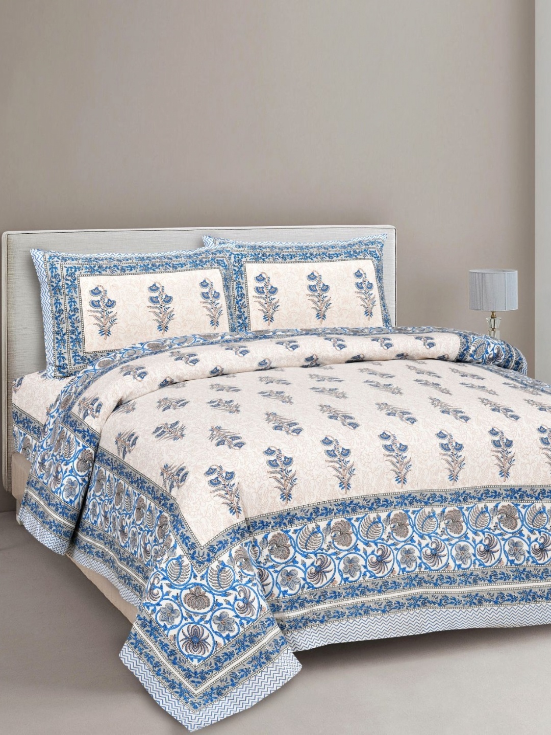 

Urban Jaipur Blue & Cream-Coloured Floral 200 TC King Bedsheet with 2 Pillow Covers