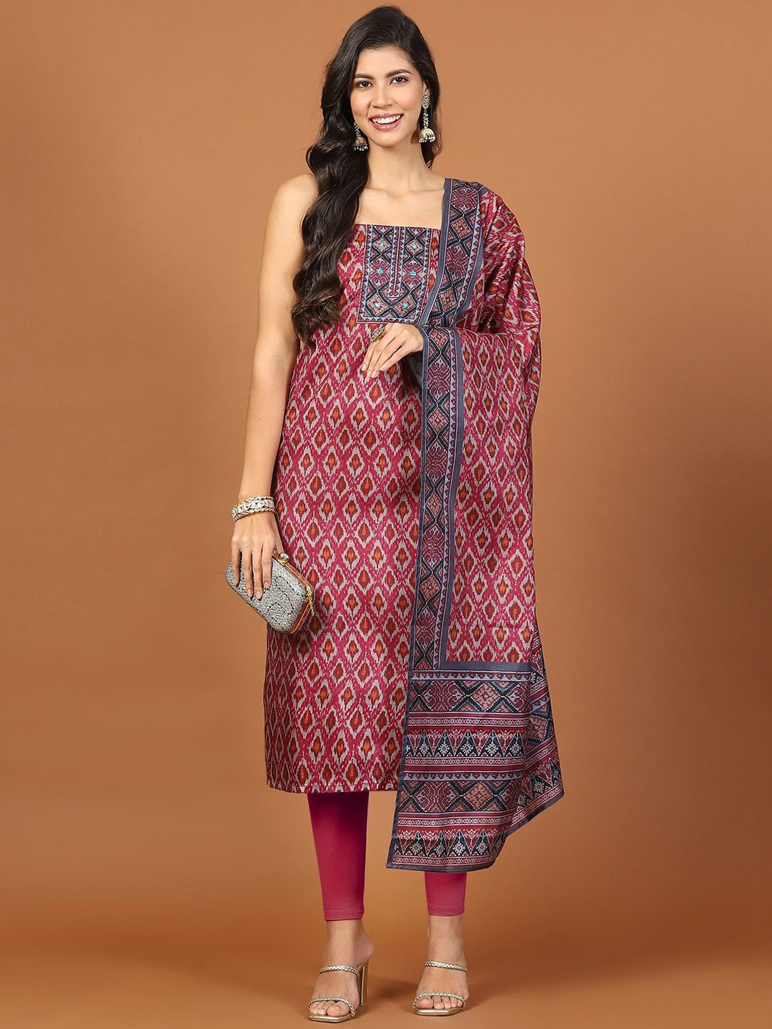 

Meena Bazaar Ethnic Motifs Printed Mirror Work Tussar Unstitched Dress Material, Magenta