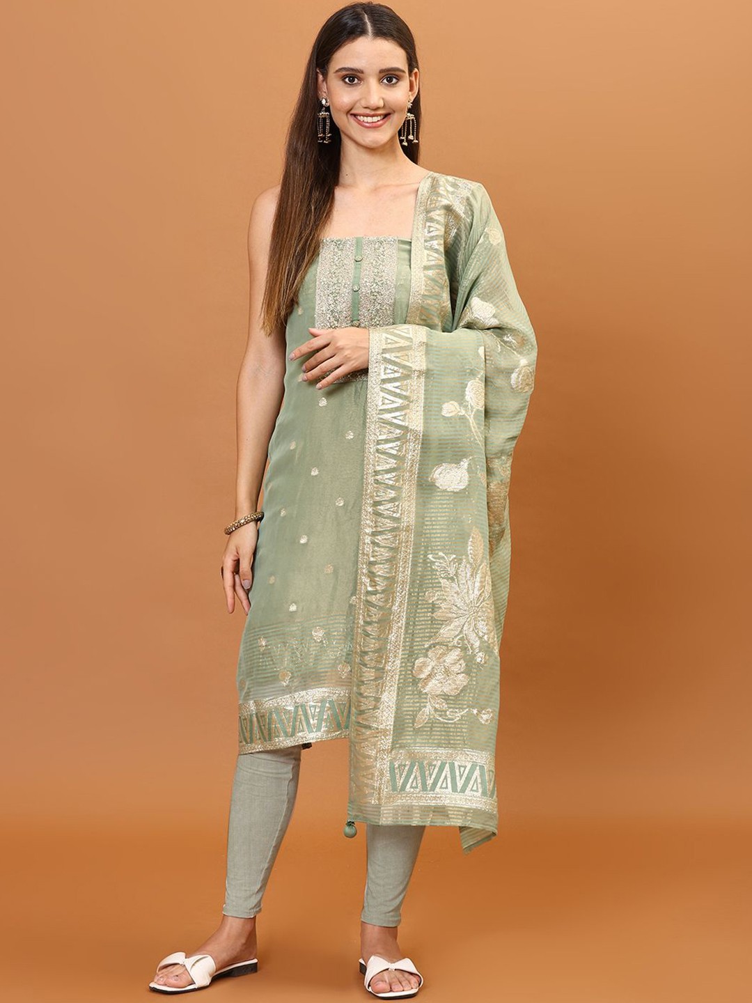 

Meena Bazaar Zari Embroidery & Woven Art Silk Unstitched Dress Material, Green