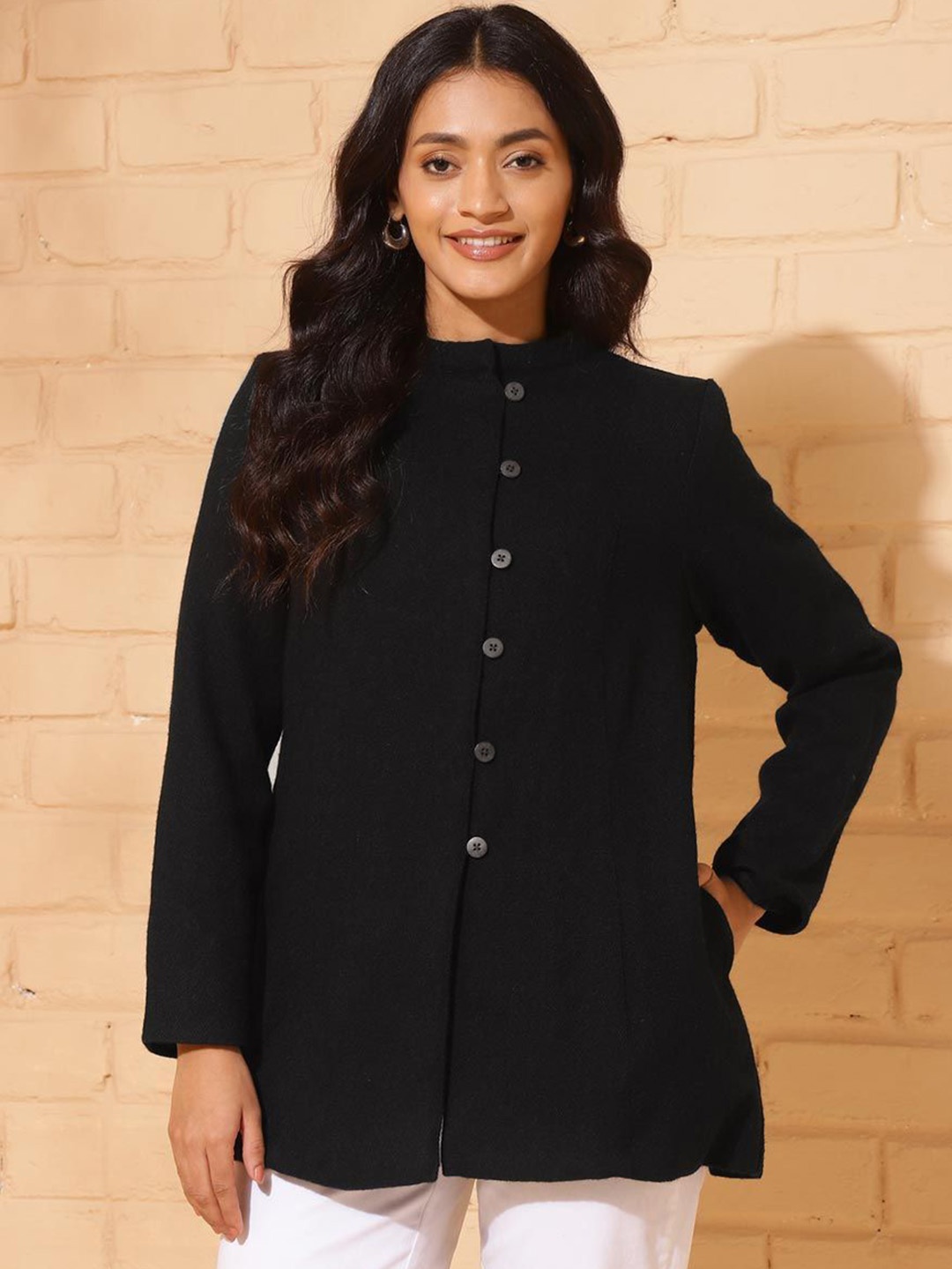 

Fabindia Women Collarless Solid Woollen Casual Tailored Jacket, Black