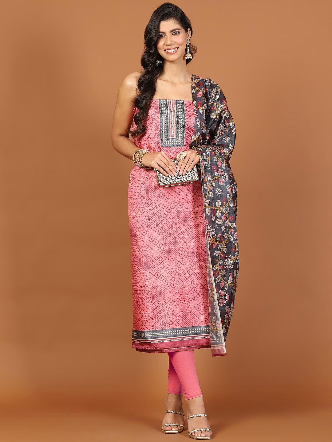 

Meena Bazaar Geometric Printed Tussar Unstitched Dress Material, Pink