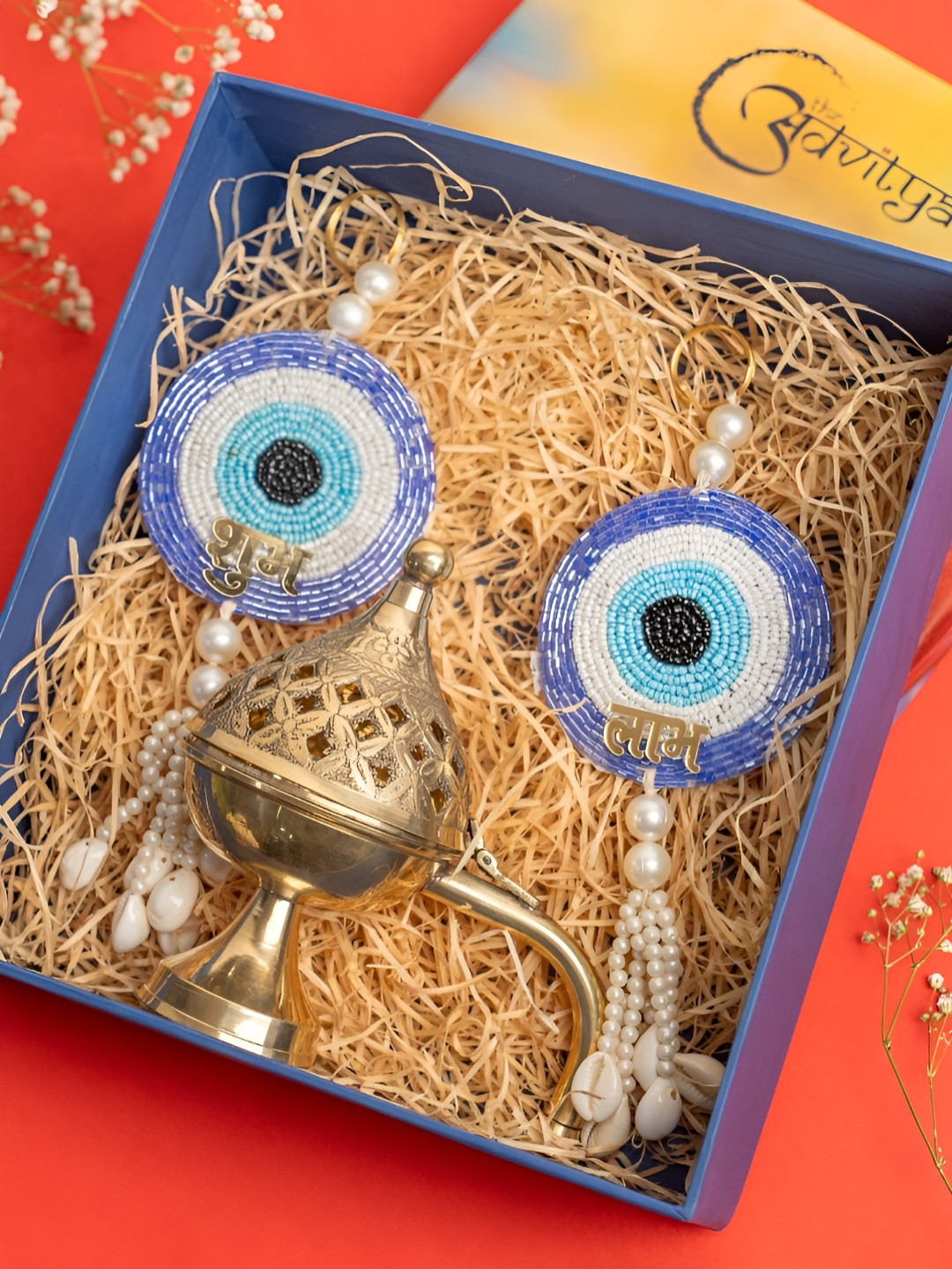 

The Advitya Brass Dhoop Stand with Blue Evil Eye Shubh Labh Wall Hanging Diwali Gift Set