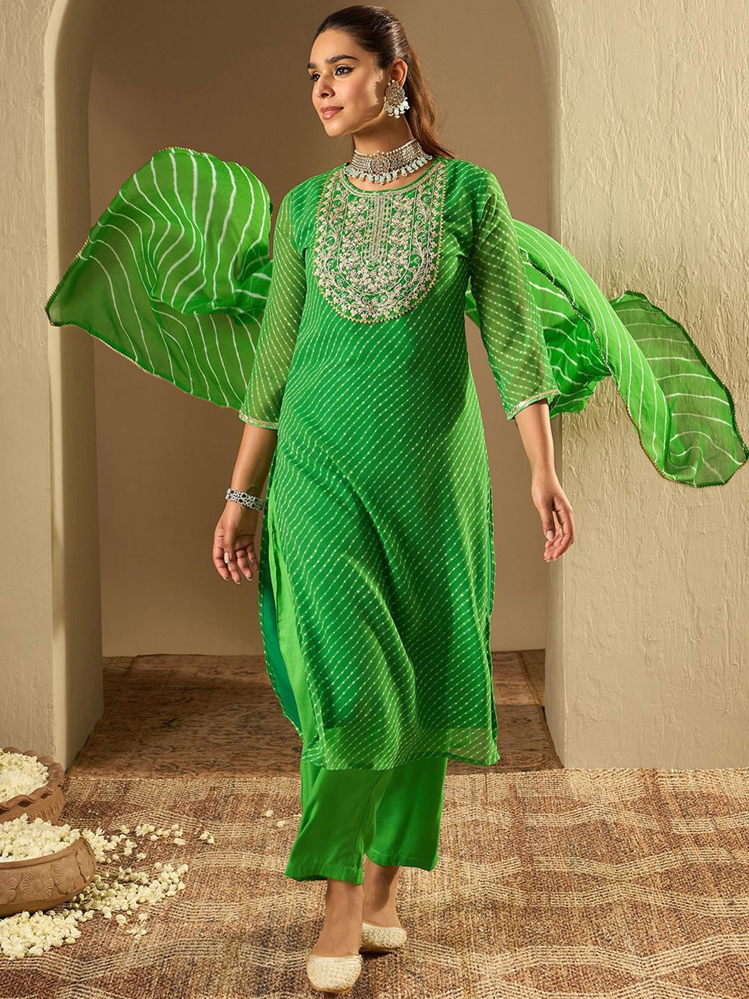 

Indo Era Leheriya Printed Straight Sequinned Georgette Kurta with Trousers & Dupatta, Green