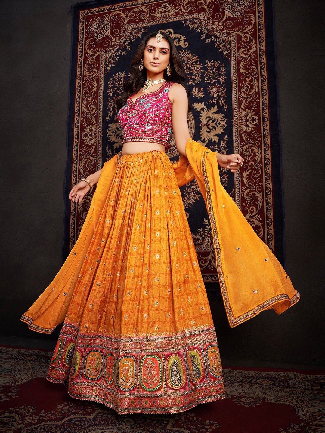 

JMS Studio Embroidered Ready to Wear Lehenga & Blouse With Dupatta, Orange