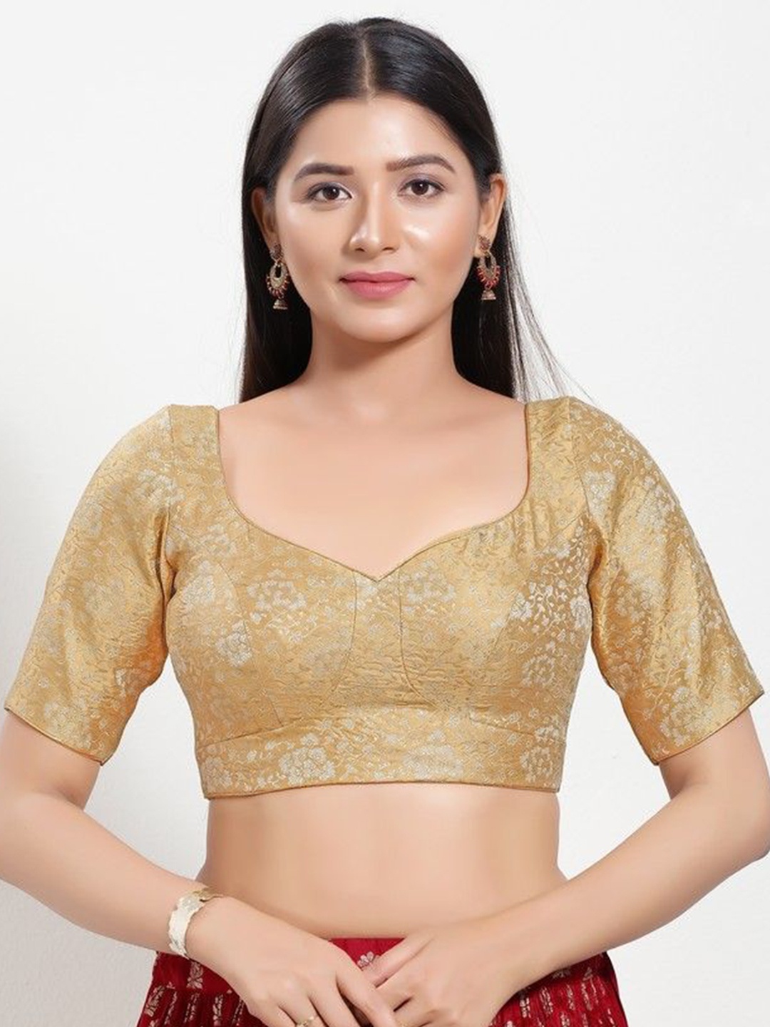 

Mmore Momen Gold Short Sleeves Woven Design Jacquard Saree Blouse