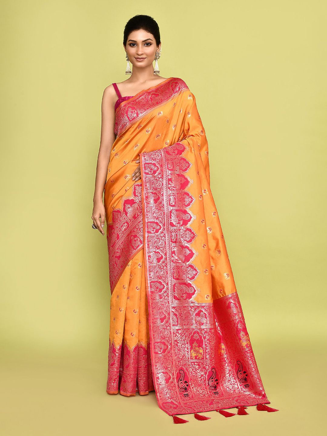 

Nazaakat by Samara Singh Ethnic Motifs Zari Pure Silk Saree, Yellow