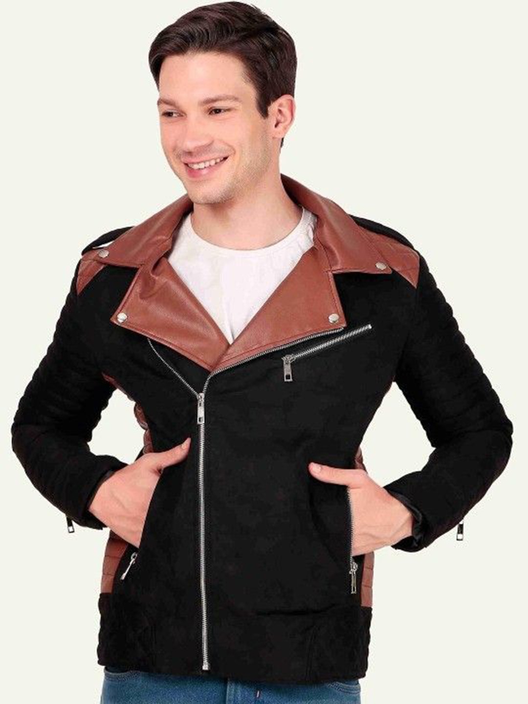 

Leather Retail Men Lapel Collar Solid Casual Biker Jacket, Black