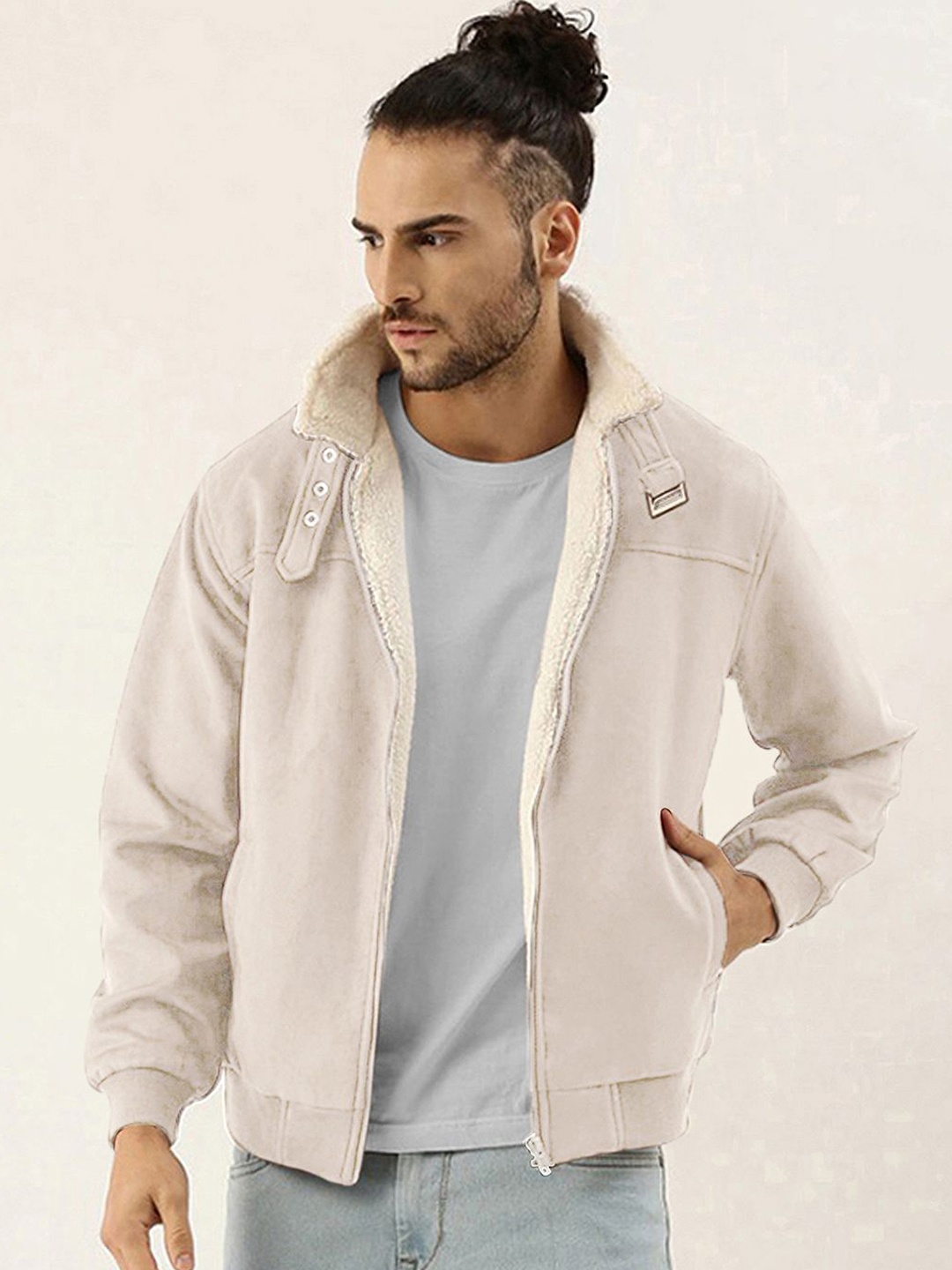 

Campus Sutra Men Spread Collar Solid Casual Bomber Jacket, Beige