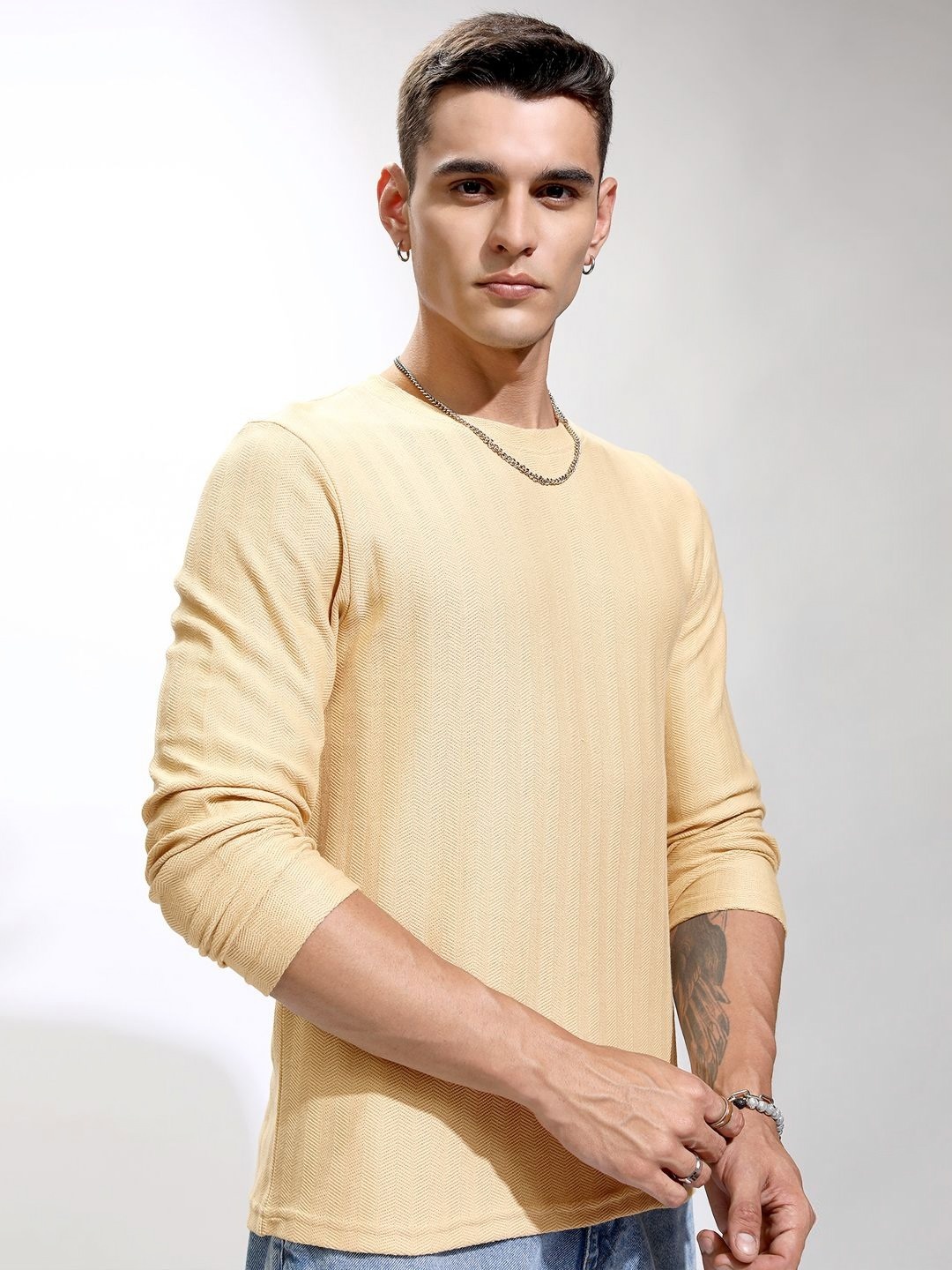 

HIGHLANDER Men Self Design Round Neck Cotton Relaxed Fit T-shirt, Beige